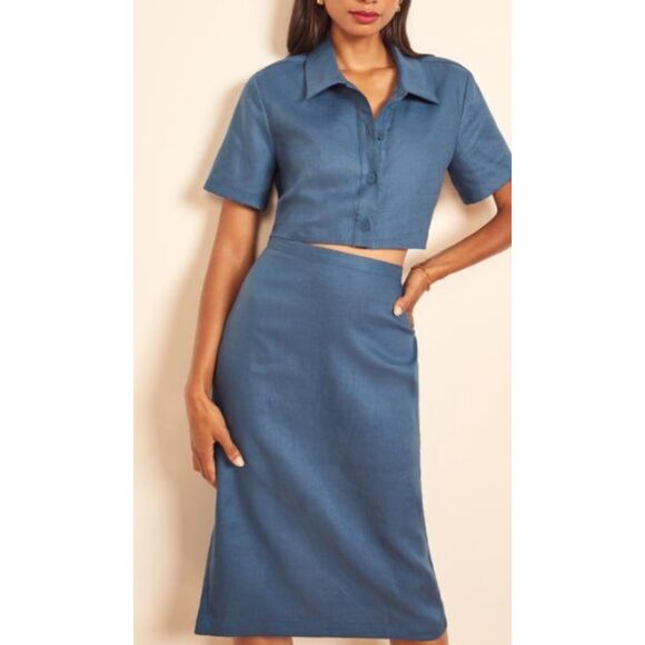 Reformation Two Piece Linen Skirt Set Lansby Blue Size 4 S - Picture 2 of 2